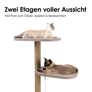 Zwei Katzen entspannen auf den beiden Liegeflächen des großen PEAK Kratzbaums – viel Platz zum Dösen.