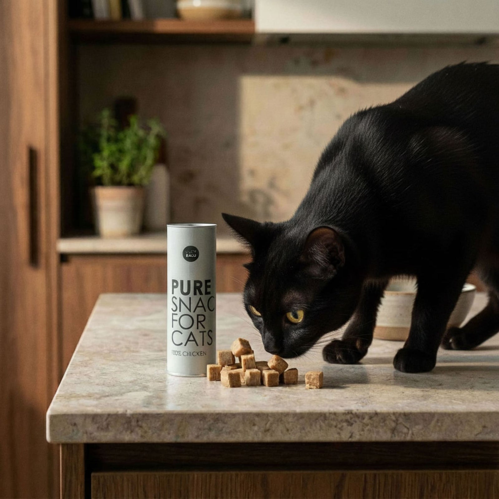 Katze schnuppert an PURE Katzensnack Huhn – gefriergetrocknete Häppchen auf Küchentheke