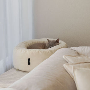 Cuccia per gatti DINGHY in bianco crema, gatto che dorme rannicchiato vicino alla finestra
