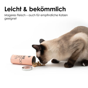 Katze frisst PURE Katzensnack – leicht und bekömmlich