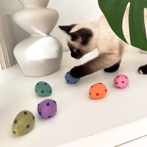 Katze spielt mit RAINBOW EGGS Katzenbällen auf Kommode