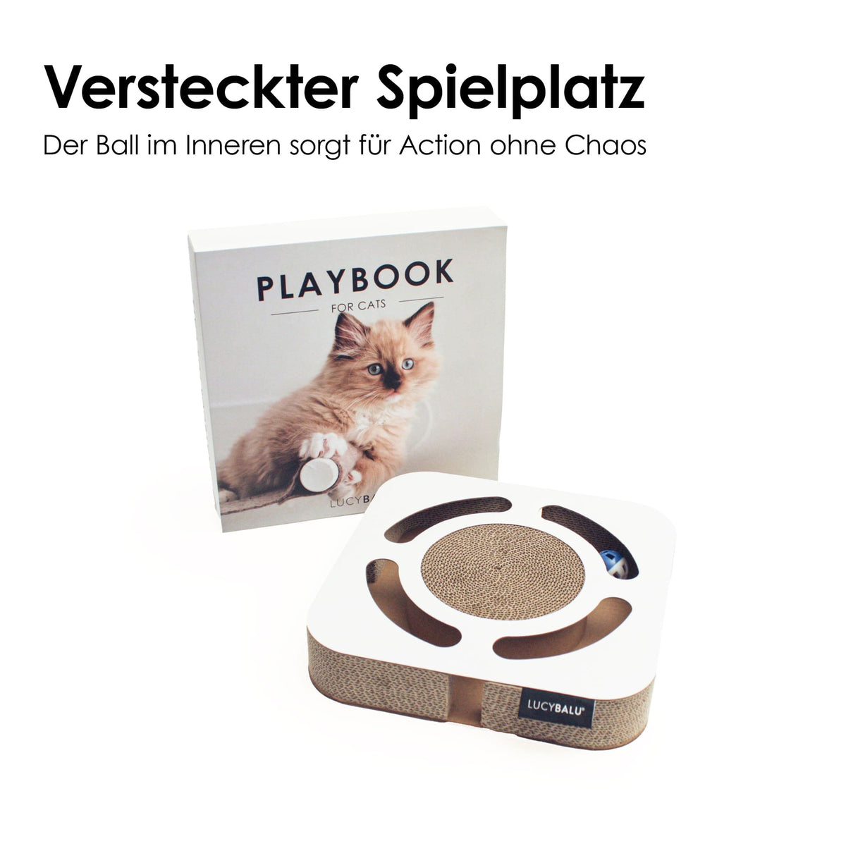 PLAYBOOK Kratzspielzeug aus Pappe im modernen Design mit runder Kratzfläche und integriertem Ball, präsentiert vor der PLAYBOOK Verpackung