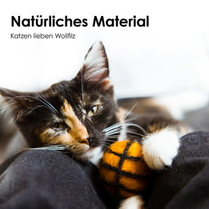 Katze kuschelt mit orangenem SUPER BALLS Basketball aus Filz