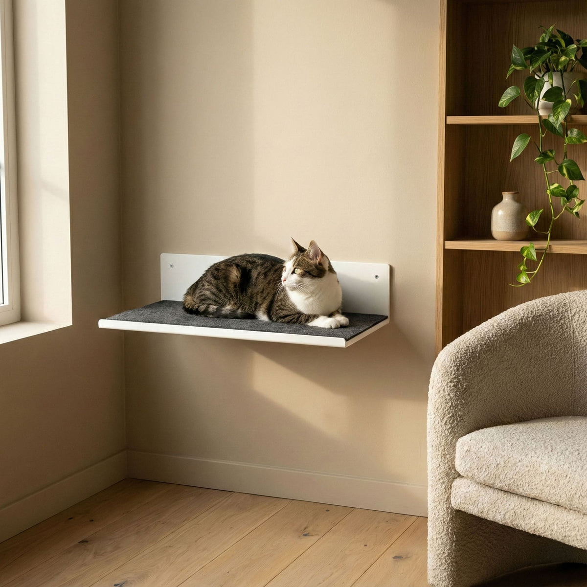 Gatto sdraiato sulla mensola a parete STRAIGHT in bianco con cuscino in feltro grigio scuro – salotto accogliente.