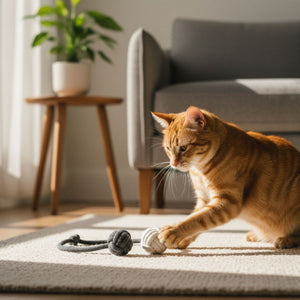 Gatto gioca con il gioco da lancio KNOT BALLS grigio e bianco in soggiorno