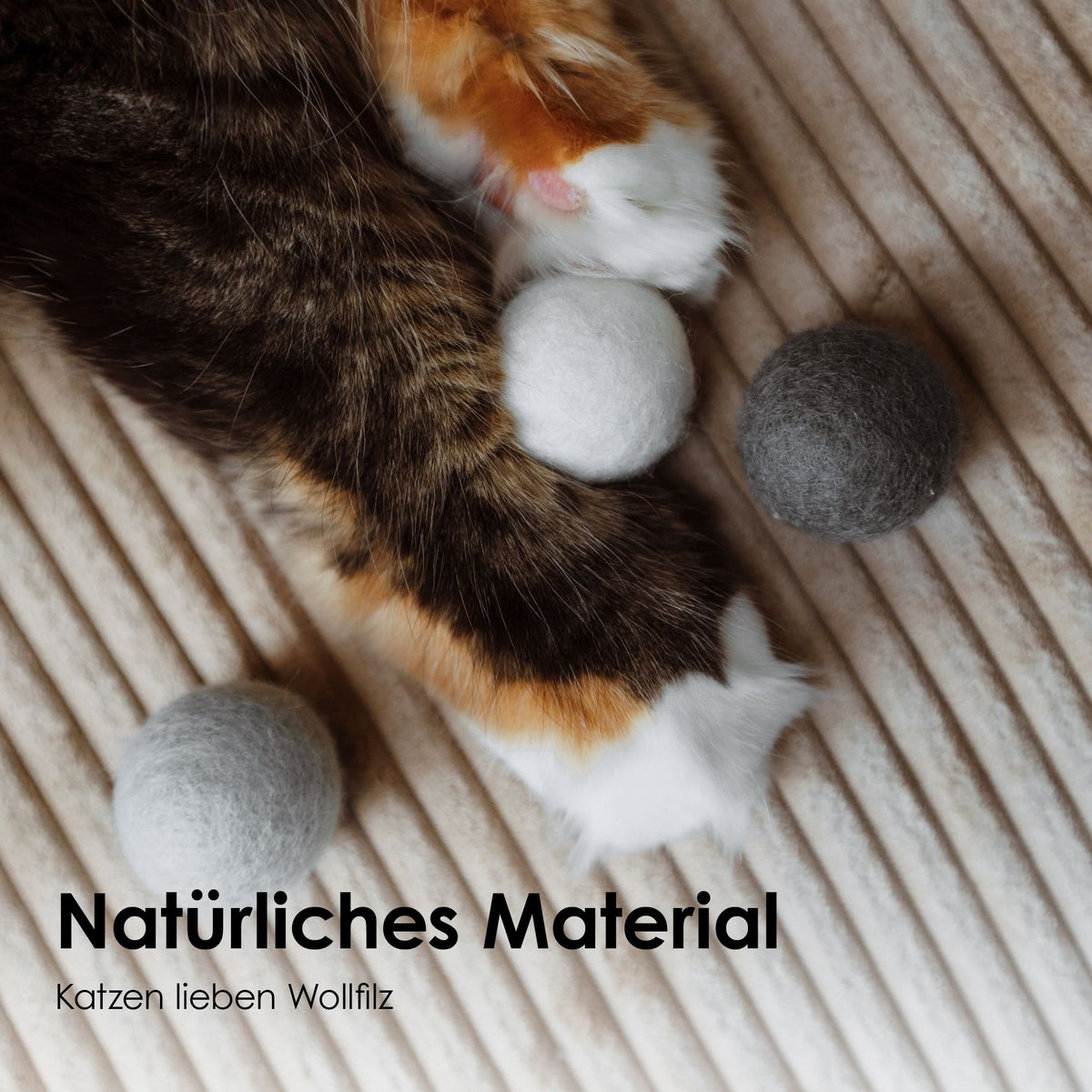Katze mit SHADES OF GREY Filzbällen aus natürlichem Wollfilz