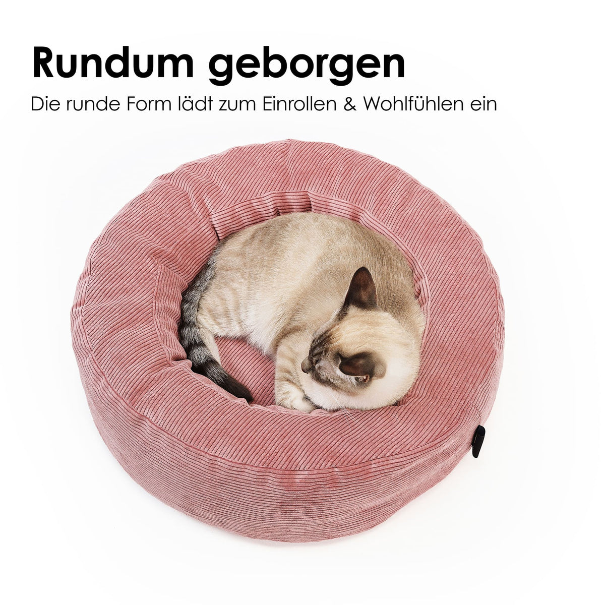 NEST Katzenbett in Rosa: Katze eingerollt im Cordbett, „Rundum geborgen – Die runde Form lädt zum Einrollen & Wohlfühlen ein“
