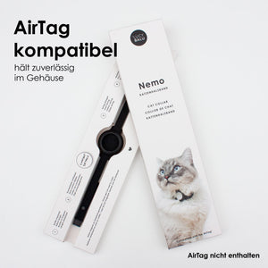 NEMO AirTag Katzenhalsband Verpackung mit Silikonband und Katze, AirTag kompatibel