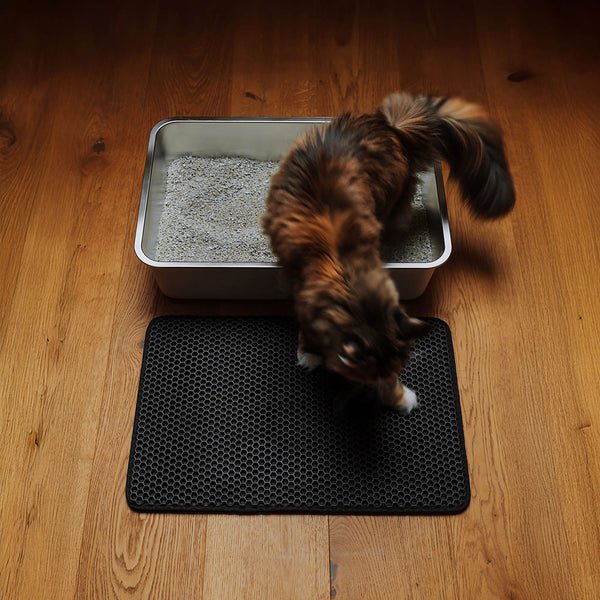 LOOMAT Streumatte in Anthrazit, Katze springt aus der Katzentoilette auf die Streufangmatte
