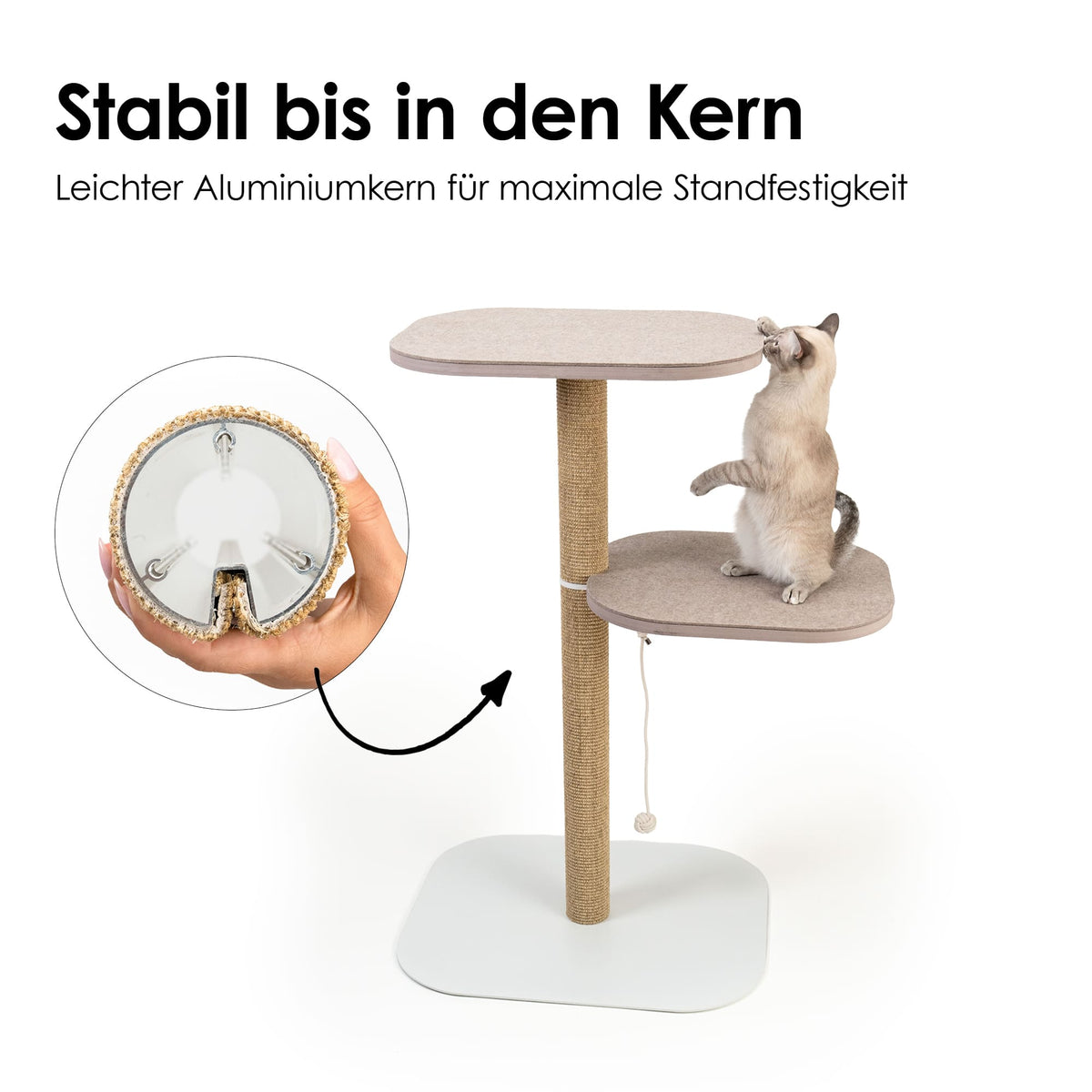 PEAK Kratzbaum mit stabilem Aluminiumkern – Detailansicht des Innenaufbaus, Katze auf der Liegefläche.