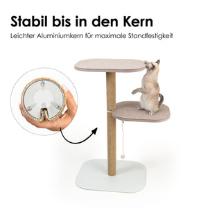 PEAK Kratzbaum mit stabilem Aluminiumkern – Detailansicht des Innenaufbaus, Katze auf der Liegefläche.