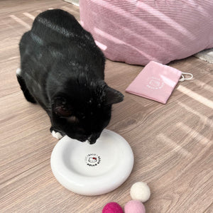 Schwarze Katze trinkt aus weißem DROP Katzennapf - Hello Kitty Edition