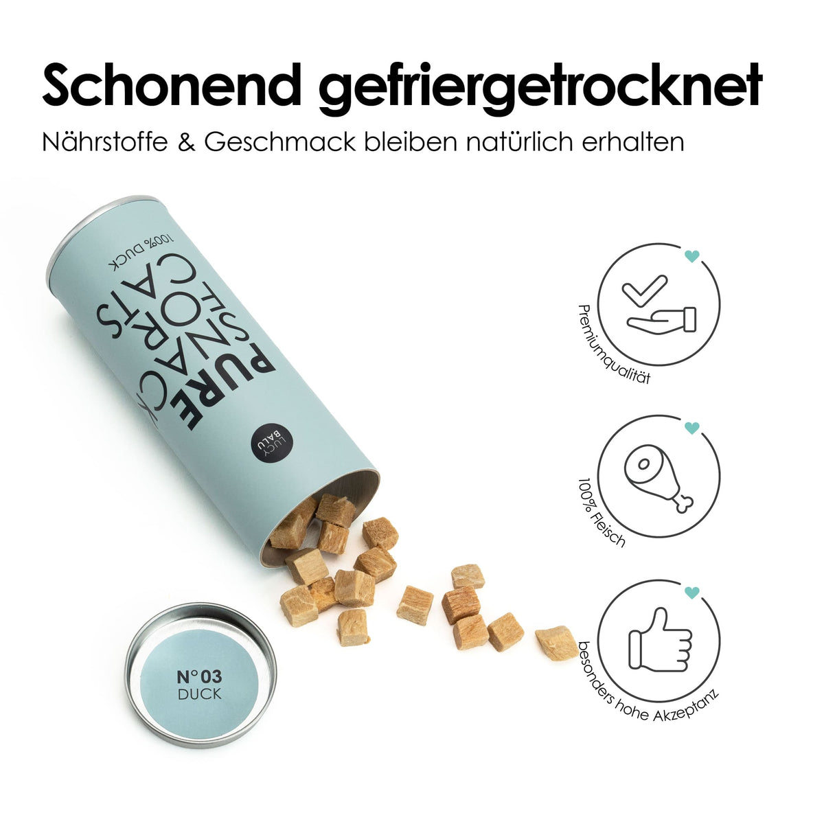 PURE Katzensnack Ente – umgekippte Dose mit gefriergetrockneten Häppchen