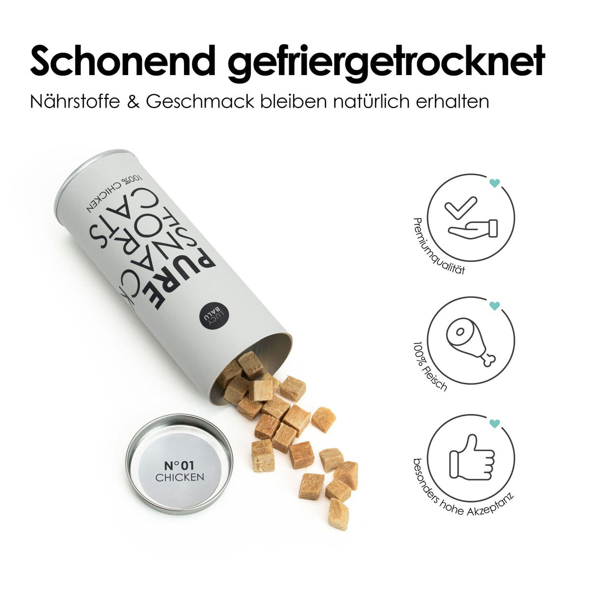 PURE Katzensnack Huhn – umgekippte Dose mit gefriergetrockneten Häppchen