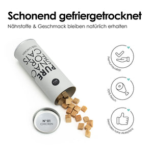 PURE Katzensnack Huhn – umgekippte Dose mit gefriergetrockneten Häppchen
