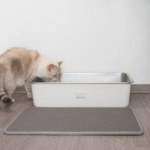 LOOMAT Streumatte in Grau vor der Katzentoilette, cremefarbene Katze schnuppert hinein