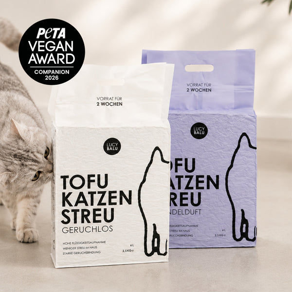 Due sacchetti di lettiera per gatti TOFU affiancati – varianti inodore e lavanda