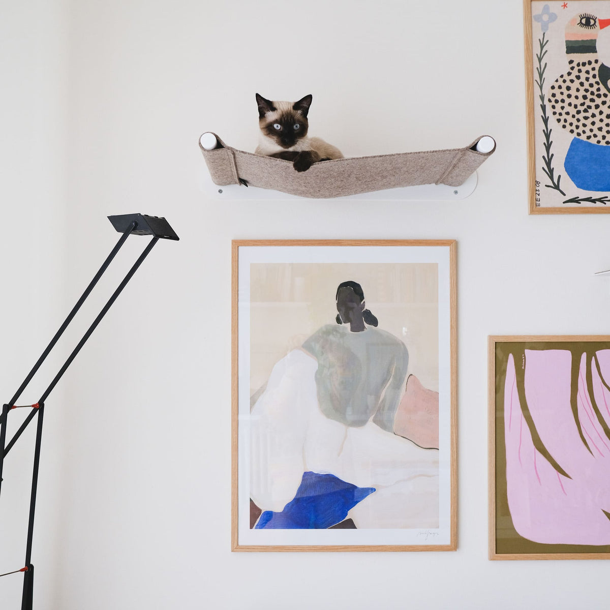 Un gatto Siamese guarda incuriosito dall'amaca da parete SWING, montata sopra diversi poster d'arte incorniciati.