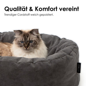 Cuccia per gatti DINGHY in antracite: qualità e comfort uniti grazie al tessuto in velluto a coste trendy e morbidamente imbottito, gatto Ragdoll seduto dentro