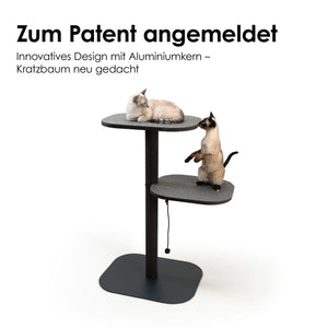 PEAK Kratzbaum in Anthrazit mit patentiertem Aluminiumkern – zwei Katzen auf den Liegeflächen.