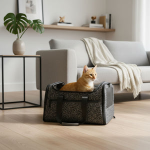 Sac de transport CHECK-IN imprimé léopard, un chat roux assis dedans dans le salon