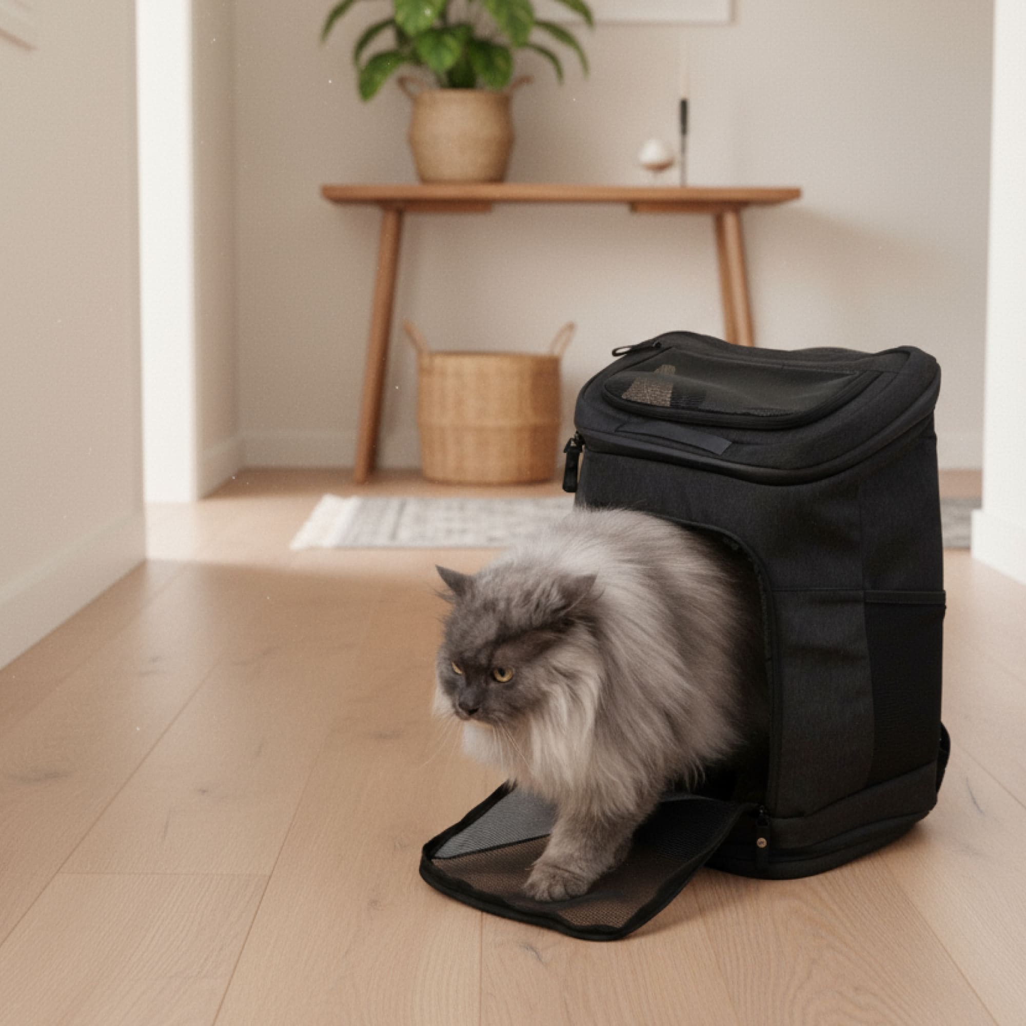 Zaino per gatti HOP-ON in antracite, gatto grigio a pelo lungo che ne esce, corridoio luminoso