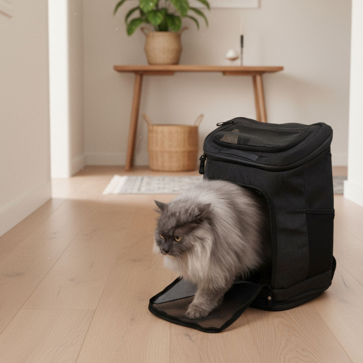 Sac à dos pour chat HOP-ON en anthracite, un chat gris à poil long sortant, couloir lumineux