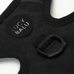 Pettorina per gatti EXPLORER in nero, primo piano del logo LucyBalu e dell'anello metallico