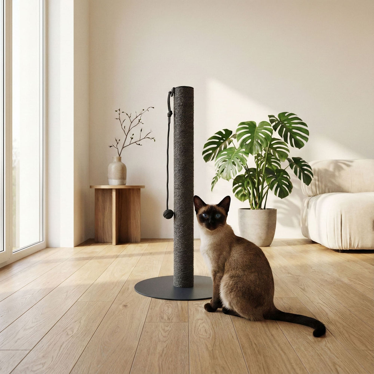 Gatto Siamese seduto accanto alla colonna tiragraffi PAPERPOLE in antracite – salotto moderno e luminoso con Monstera.