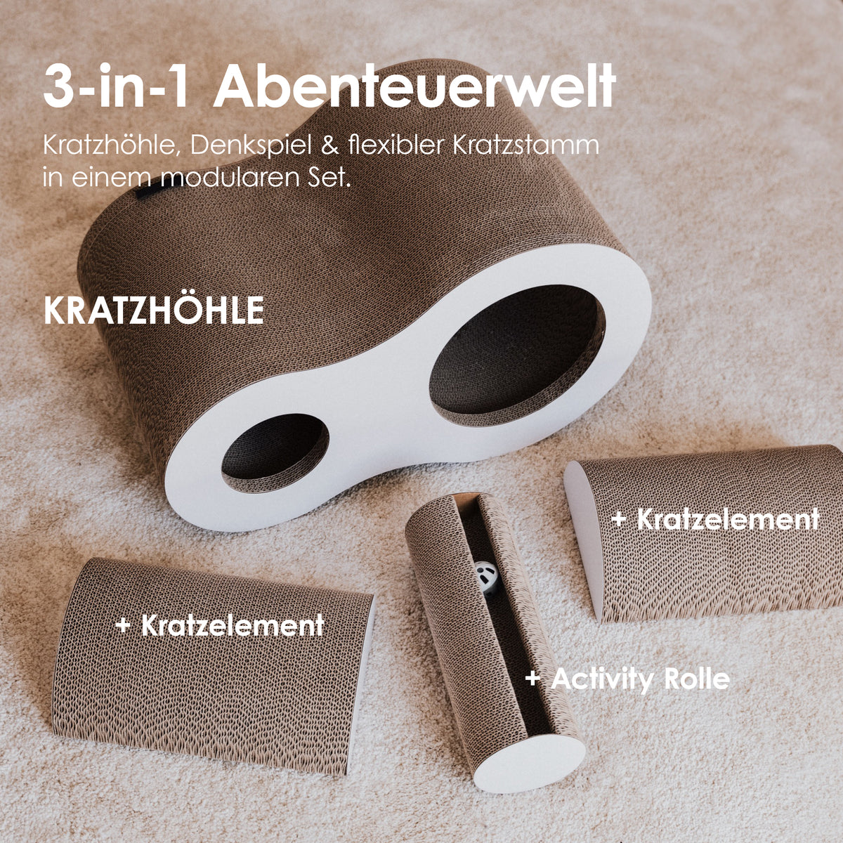 PLAYGROUND Kratzwelt als 3-in-1 Abenteuerwelt: Kratzhöhle, zwei Kratzelemente und Activity Rolle