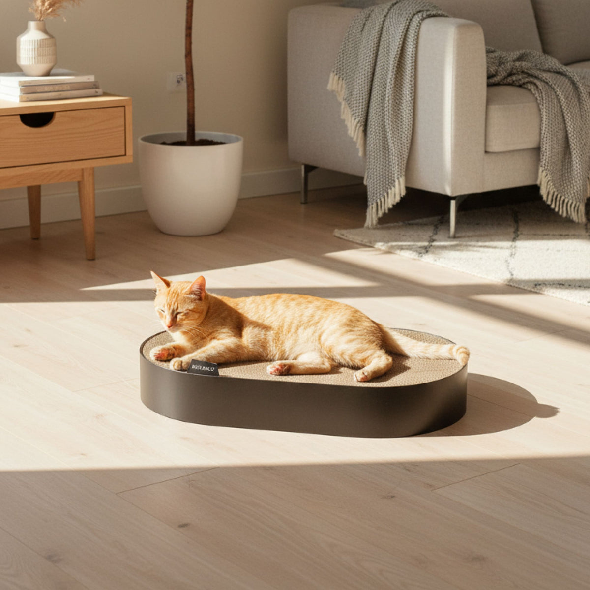 SCRATCHBED Kratzbett in Anthrazit, rote Katze döst entspannt im sonnigen Wohnzimmer