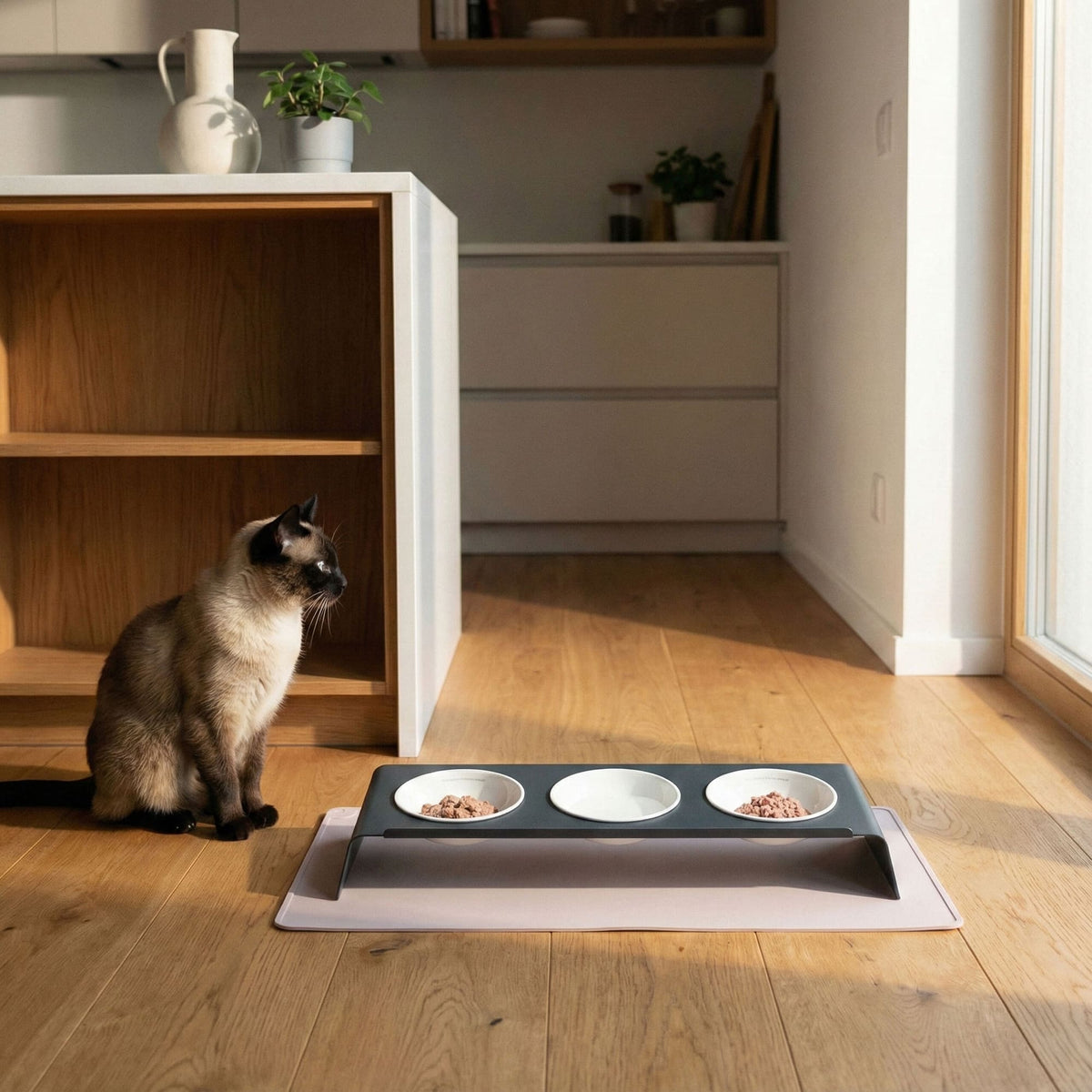 Tappetino sottociotola SQUARE XL in lilla, gatto Siamese seduto accanto alla stazione pasti tripla piena in cucina