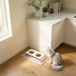 Tappetino sottociotola SQUARE in lilla, gatto bianco a pelo lungo seduto accanto alla stazione pasti doppia in cucina