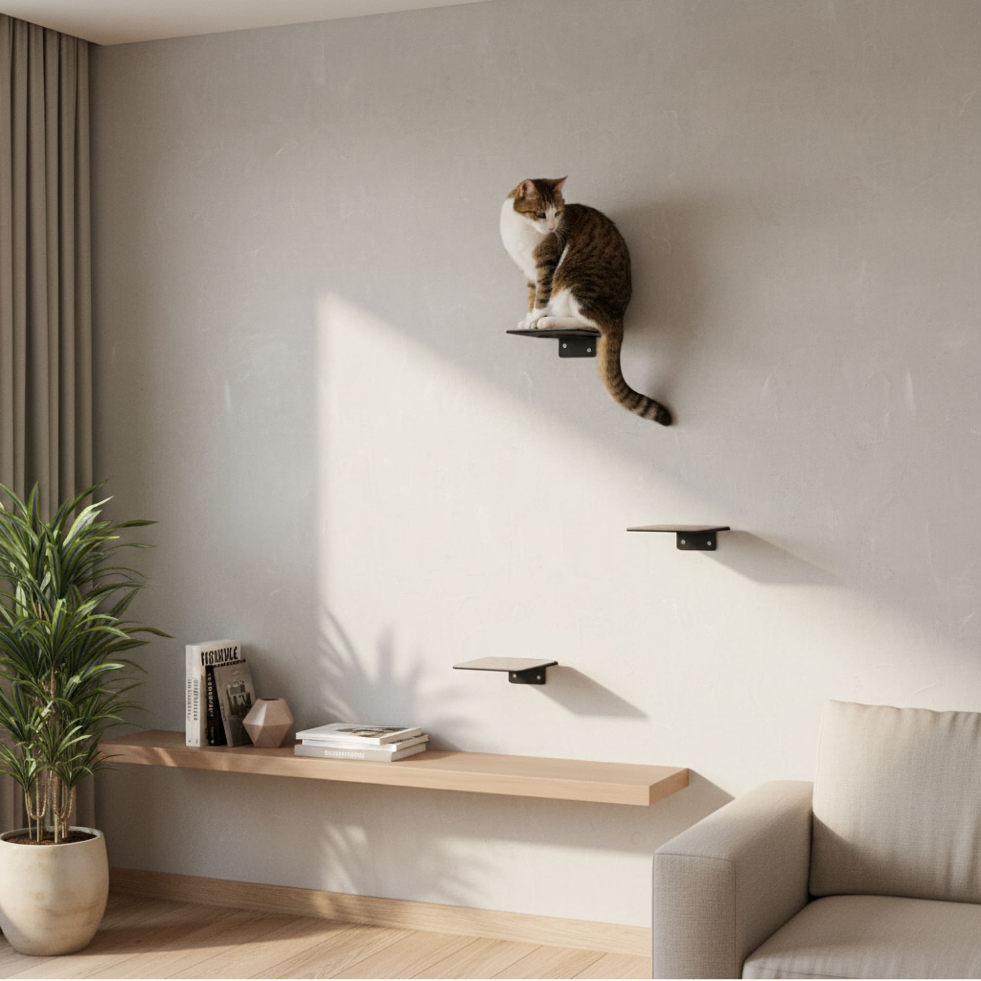 STEPS XL Katzentreppe: Getigerte Katze sitzt auf der obersten Wandstufe – heller Wohnraum mit Vorhang und Regal