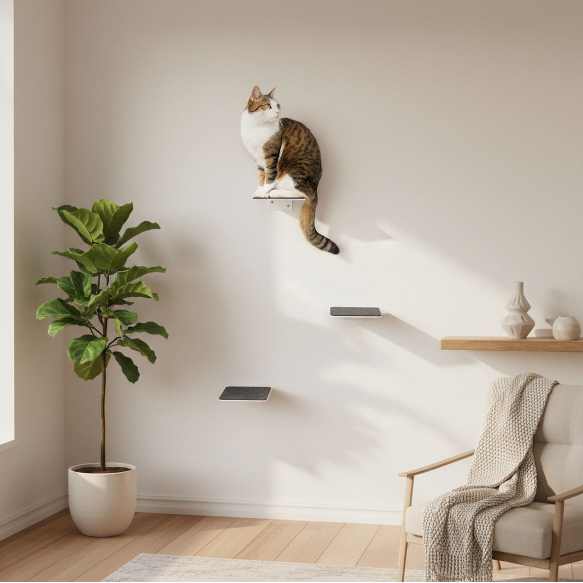 Escalier pour chat STEPS en blanc avec coussinet en feutre anthracite – salon cosy avec fauteuil et plante verte