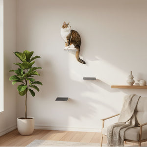 Escalier pour chat STEPS en blanc avec coussinet en feutre anthracite – salon cosy avec fauteuil et plante verte