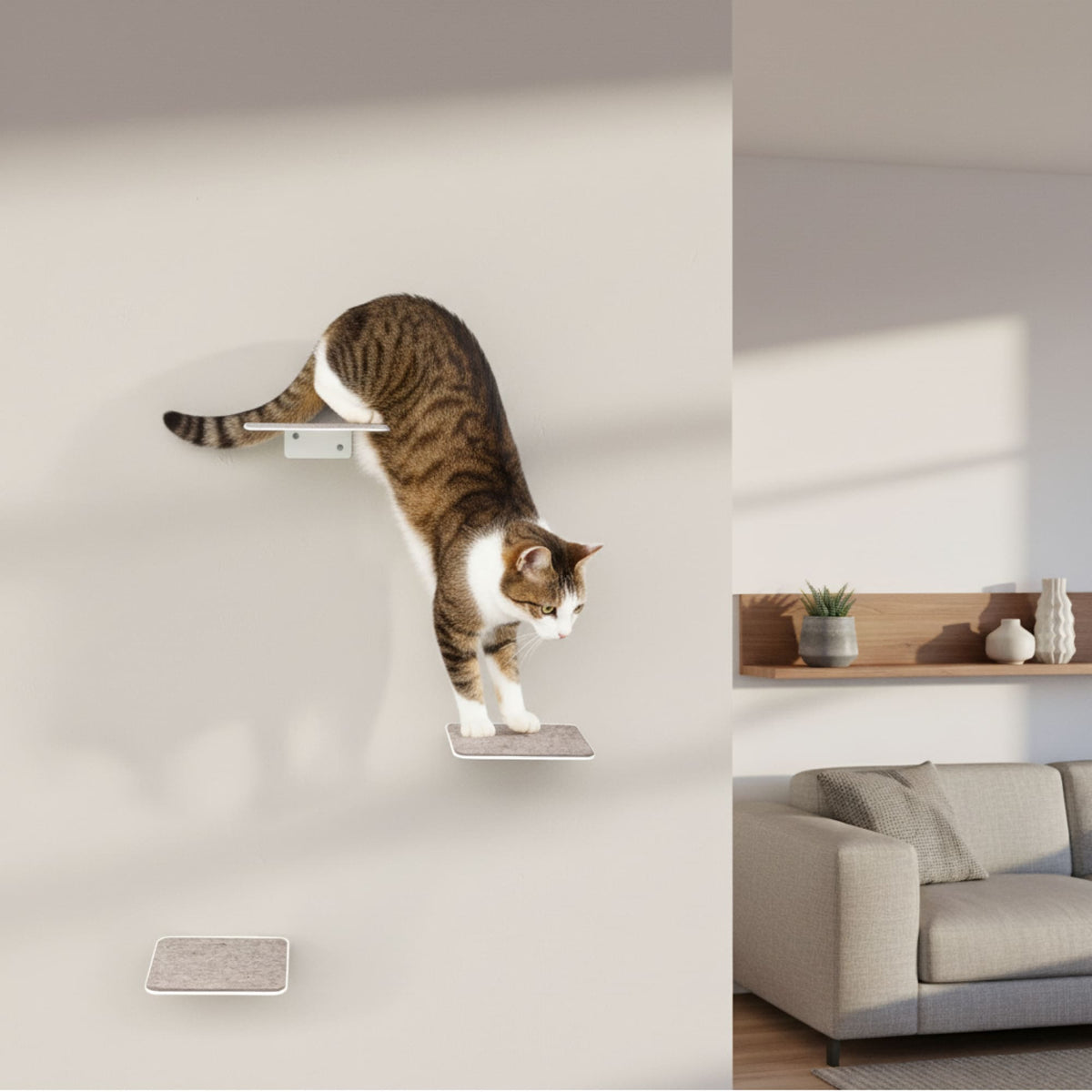 STEPS XL Katzentreppe in Weiß mit Filzauflage in Sand: Katze springt von der obersten Wandstufe
