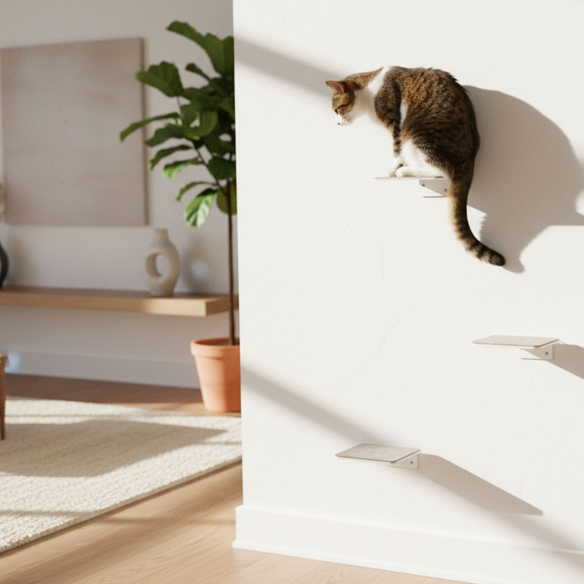 STEPS Katzentreppe in Weiß mit Filzauflage in Sand: Katze sitzt auf der obersten Wandstufe