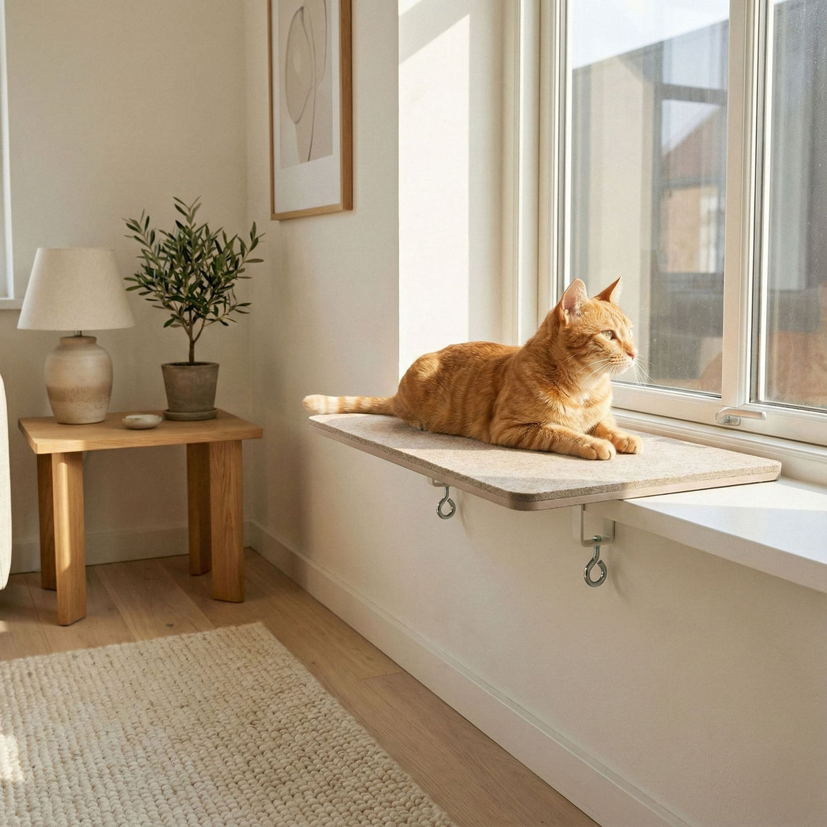 VIEW Fensterbankliege in Sand mit orangefarbener Katze am Fenster – helles Wohnzimmer mit Pflanze.