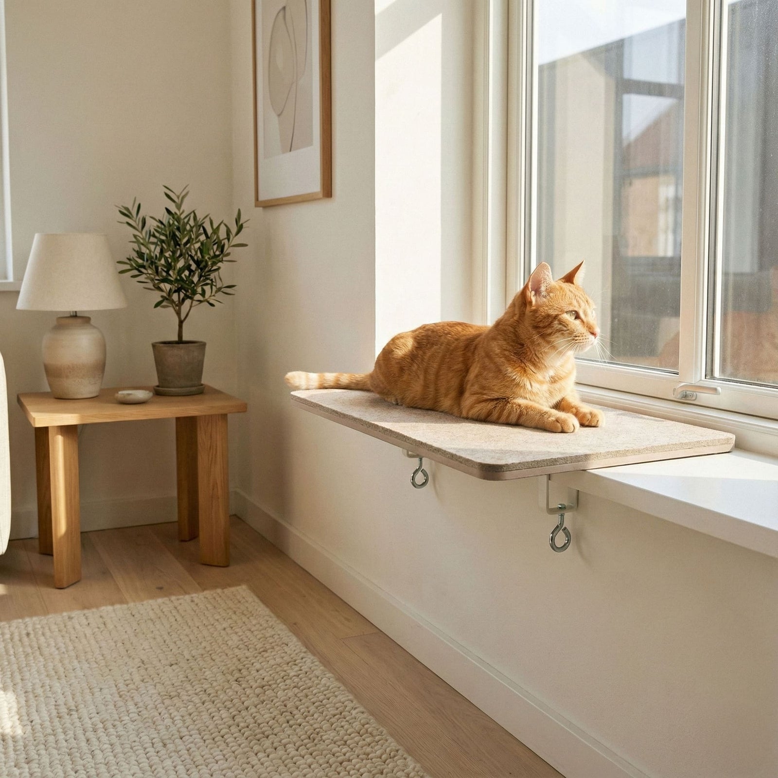 VIEW Fensterbankliege in Sand mit orangefarbener Katze am Fenster – helles Wohnzimmer mit Pflanze.