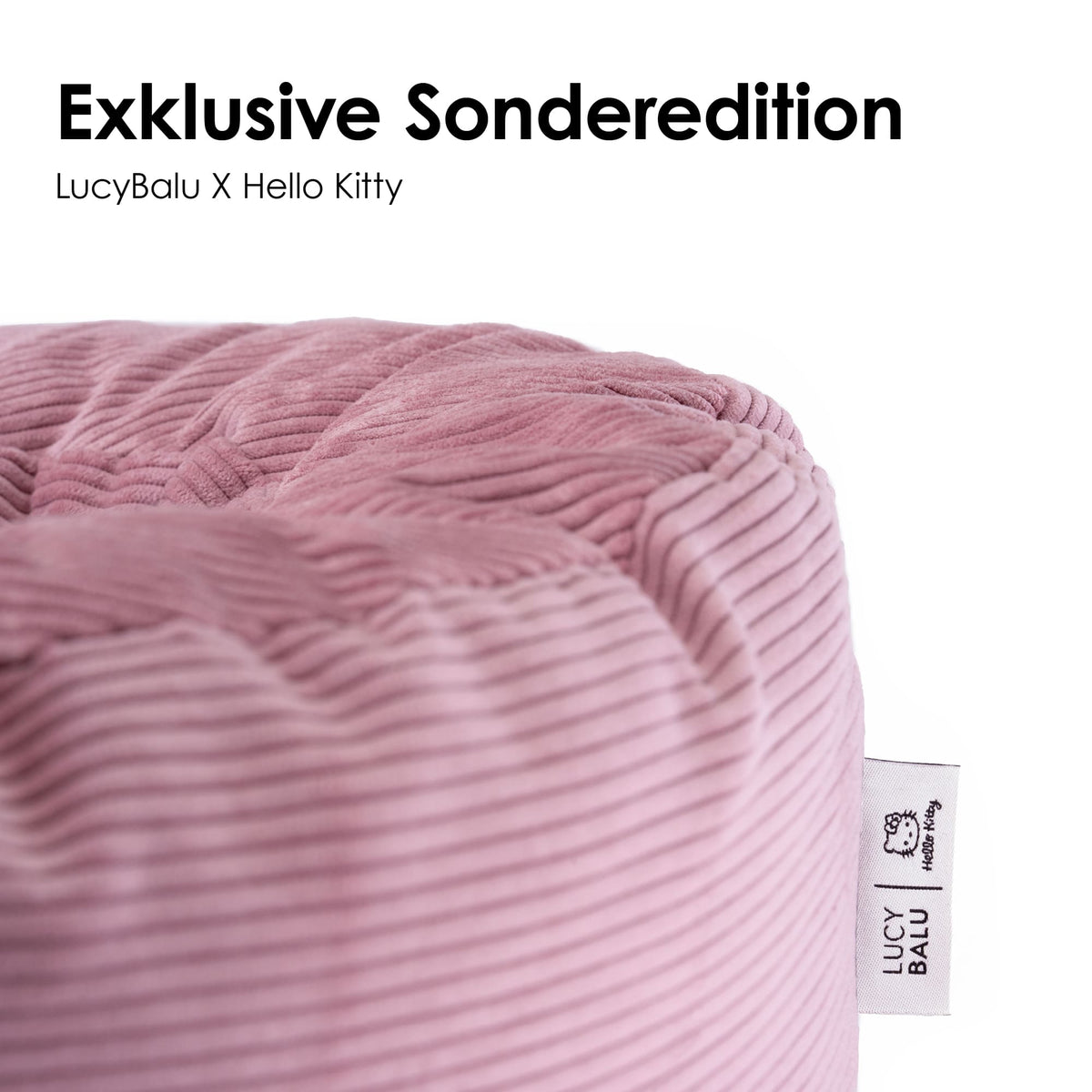 Nahaufnahme des rosa DINGHY Katzenbetts Hello Kitty Edition mit LucyBalu X Hello Kitty Label, exklusive Sonderedition