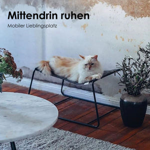 Katze liegt auf der schwarzen FLOAT Hängematte auf einer Terrasse – mobiler Lieblingsplatz