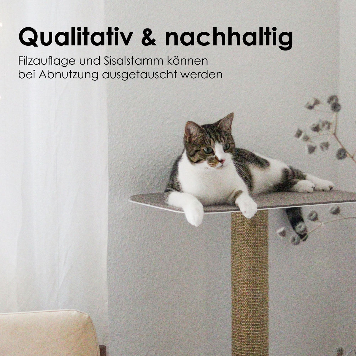 Katze liegt auf GALLERY Wandkratzbaum Liegefläche mit austauschbarer Filzauflage und Sisalstamm
