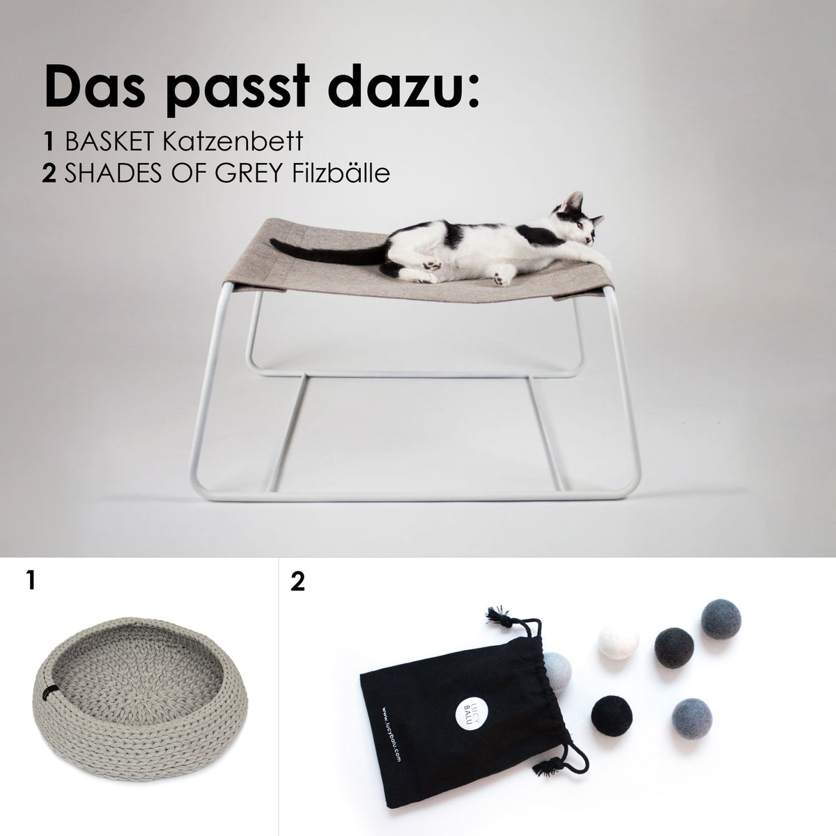 Katze liegt auf der grauen FLOAT Hängematte, passend dazu BASKET Katzenbett und SHADES OF GREY Filzbälle