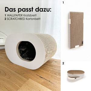 PAPERCAVE Katzenhöhle – passend dazu: WALLPAPER Kratzbrett und SCRATCHBED Kartonbett, schwarze Katze liegt in der Höhle