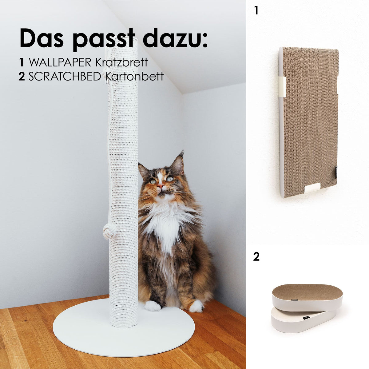 Colonna tiragraffi PAPERPOLE in bianco nell'angolo della stanza con gatto – abbinati: tavola da grattare WALLPAPER e cuccia in cartone SCRATCHBED.