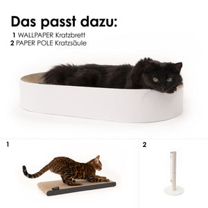 Lit à griffer SCRATCHBED en blanc avec chat noir – assortis : planche à griffer WALLPAPER et griffoir PAPER POLE