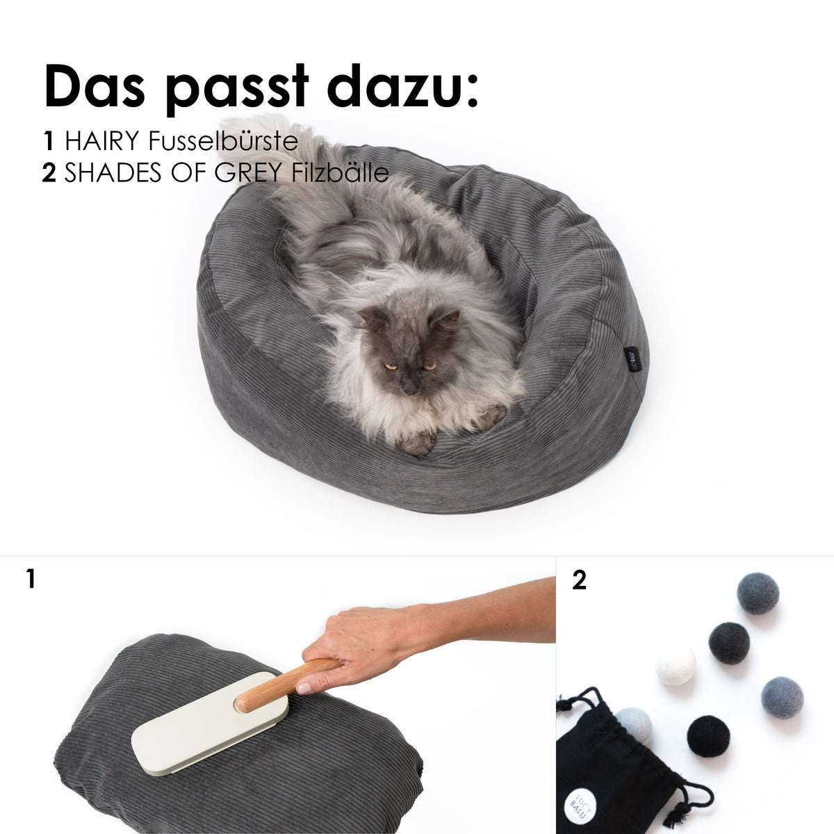 Cuccia per gatti DINGHY in antracite – abbinati: spazzola anti-pelo HAIRY e palline in feltro SHADES OF GREY