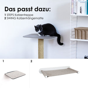 Katze auf GALLERY Wandkratzbaum, dazu passende STEPS Katzentreppe und SWING Katzenhängematte