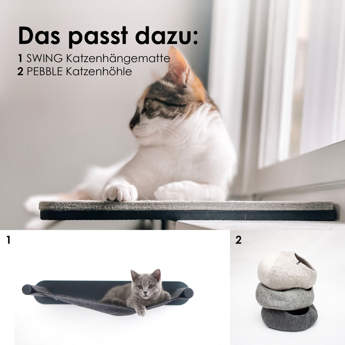 VIEW Fensterbankliege mit Katze am Fenster – dazu passend SWING Katzenhängematte und PEBBLE Katzenhöhle.